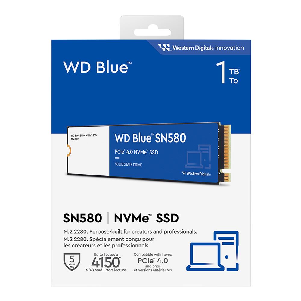 WD Blue 1TB SN580 NVMe Internal Solid State Drive SSD - Gen4 x4 PCIe 16Gb/s, M.2 2280, Up to 4,150 MB/s - WDS100T3B0E