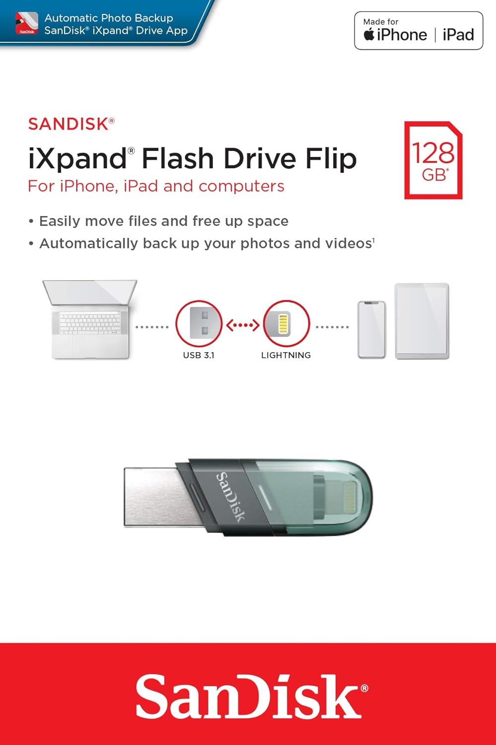 128GB Sandisk Flash IXpand Flip USB3.1/Lightning SDIX90N-128G-GN6NE