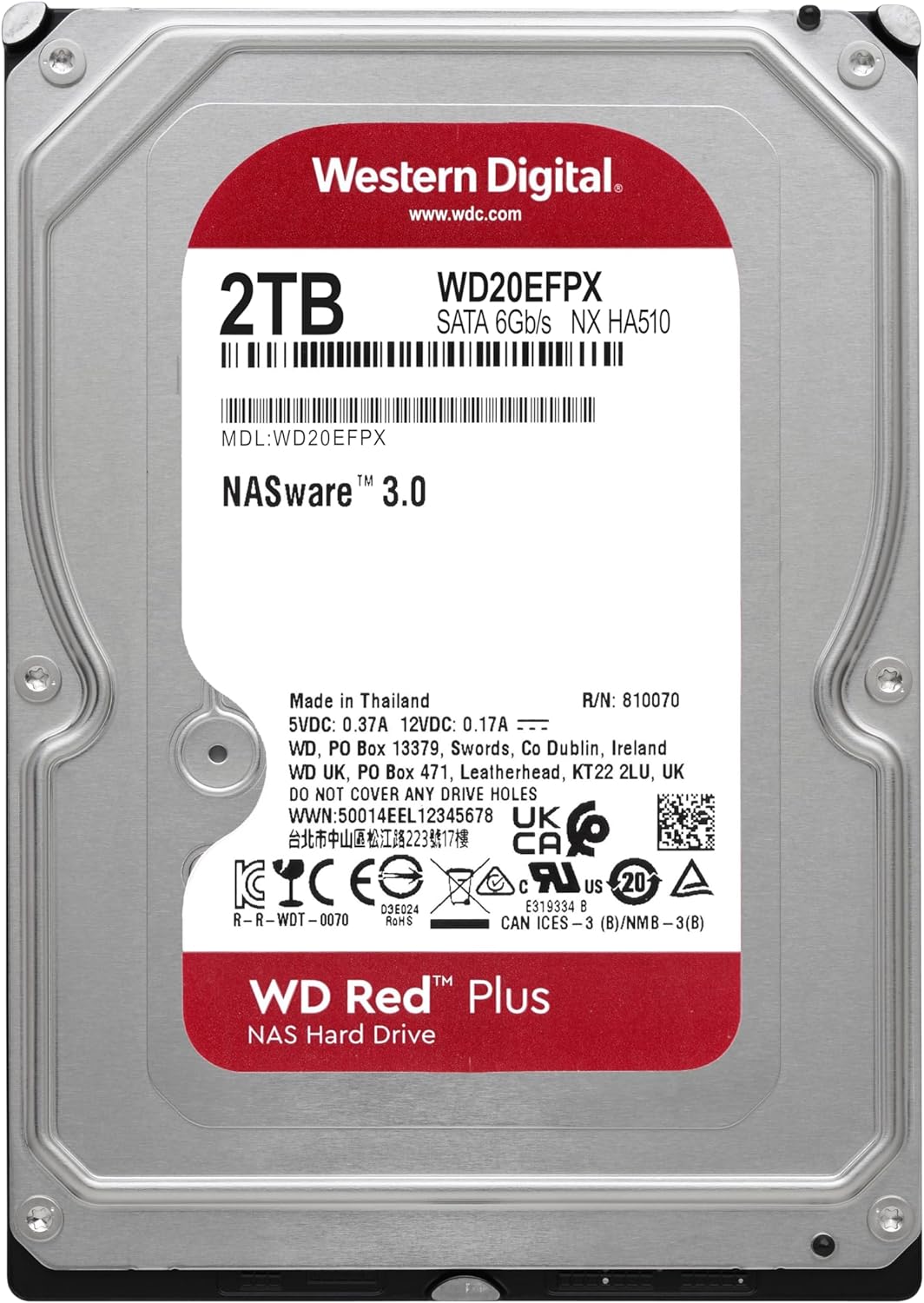 WD Red Plus 2TB NAS Hard Drive - 5400 RPM Class SATA 6Gb/s, CMR, 128MB Cache, 3.5 Inch - WD20EFPX