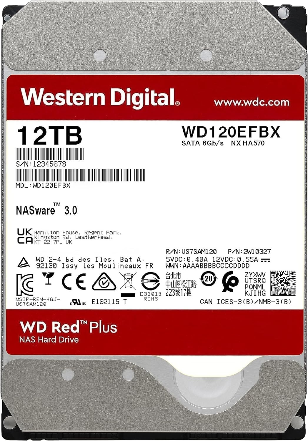 WD Red Plus 12TB NAS Internal Hard Drive HDD - 7200 RPM, SATA 6 GB/s, CMR, 256 MB Cache, 3.5