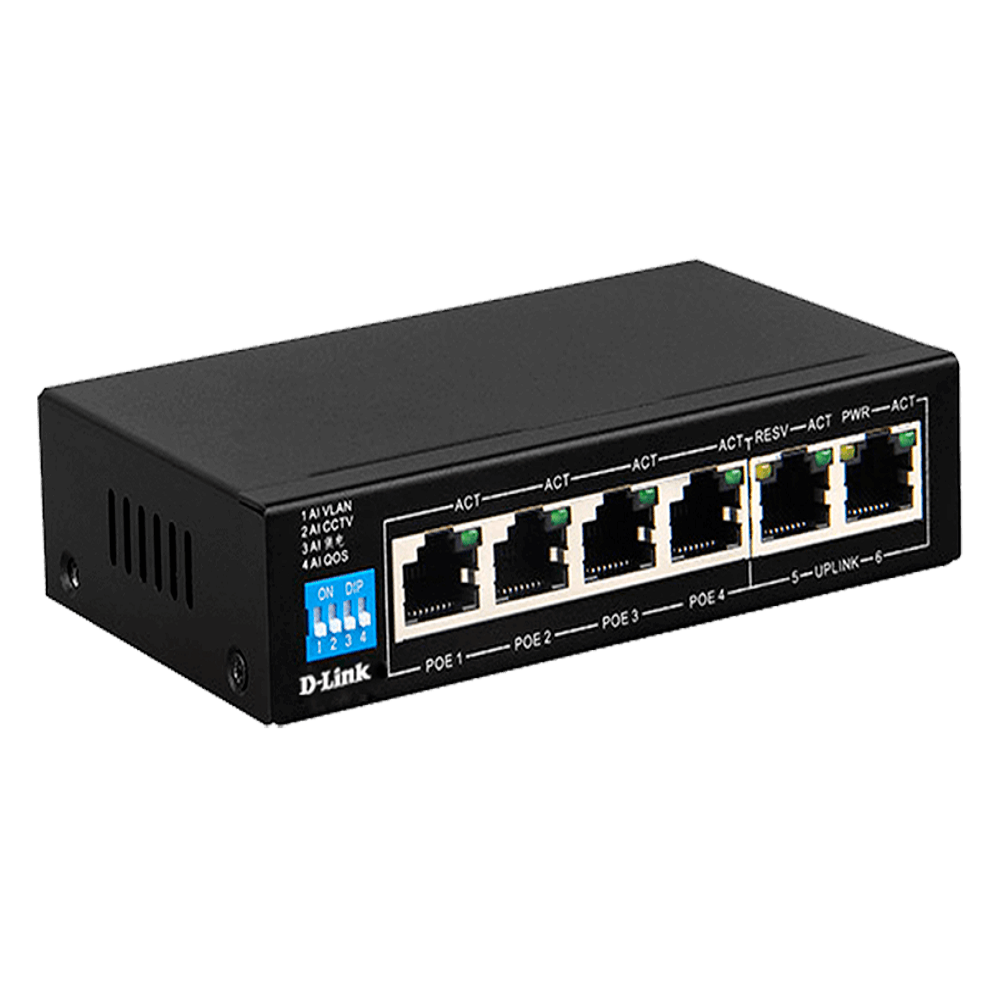 D-Link DGS-F1006P-E 250M 6-Port 10/100/ 1000Mbps Switch with 4 PoE Ports and 2 Uplink Ports, 60W PoE Budget DGS-F1006P-E