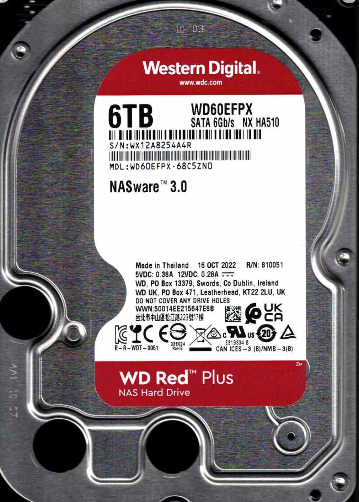 WD Red Plus 6TB NAS Hard Drive - 5400 RPM Class SATA 6Gb/s, CMR, 128MB Cache, 3.5 Inch - WD60EFPX