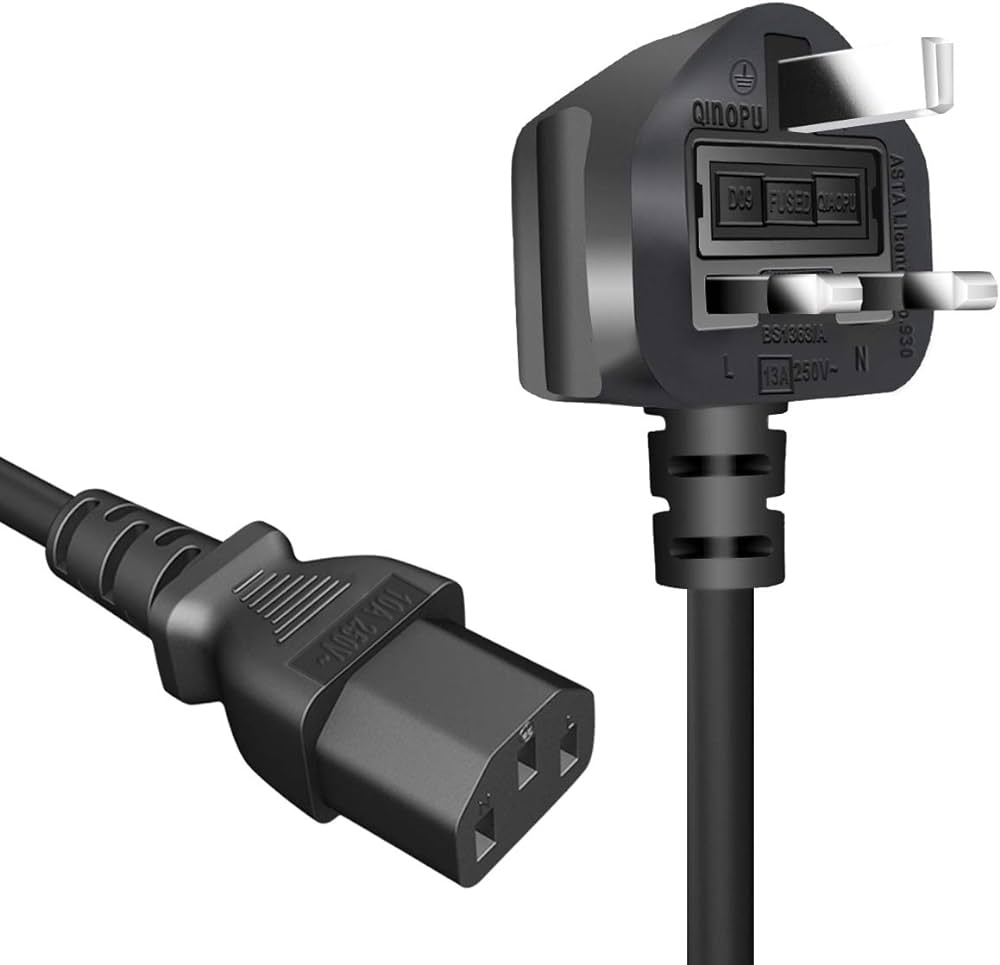 Power Cable, 3 Pin UK Adapter with Fuse, 1.8 Meter