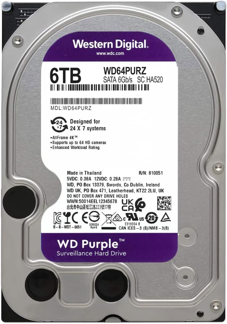 WD Purple 6TB Surveillance Hard Disk Drive - 5400 RPM Class SATA 6Gb/s 256MB Cache 3.5 Inch WD64PURZ