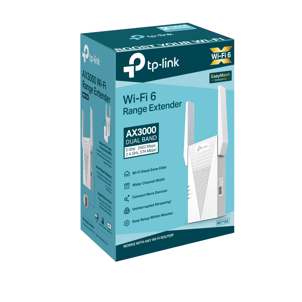 TP-Link WiFi 6 AX3000 Mesh Range Extender RE715X Dual-Band Gigabit Ethernet
