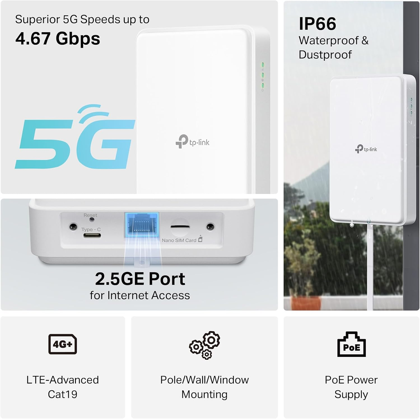 TP-Link NE200-Outdoor 5G Outdoor Router – 4.67Gbps, 2.5G PoE/LAN, Nano SIM, IP66