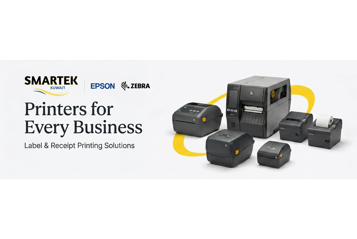 Printer banner with Smartek Kuwait, Epson and Zebra branding