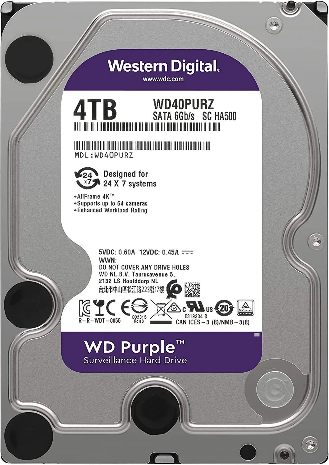 WD Purple 4TB Surveillance Hard Disk Drive - 5400 RPM Class SATA 6Gb/s 64MB Cache 3.5 Inch WD43PURZ