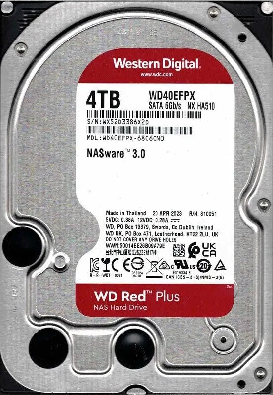 WD Red Plus 4TB NAS Hard Drive - 5400 RPM Class SATA 6Gb/s, CMR, 256MB Cache, 3.5 Inch - WD40EFPX